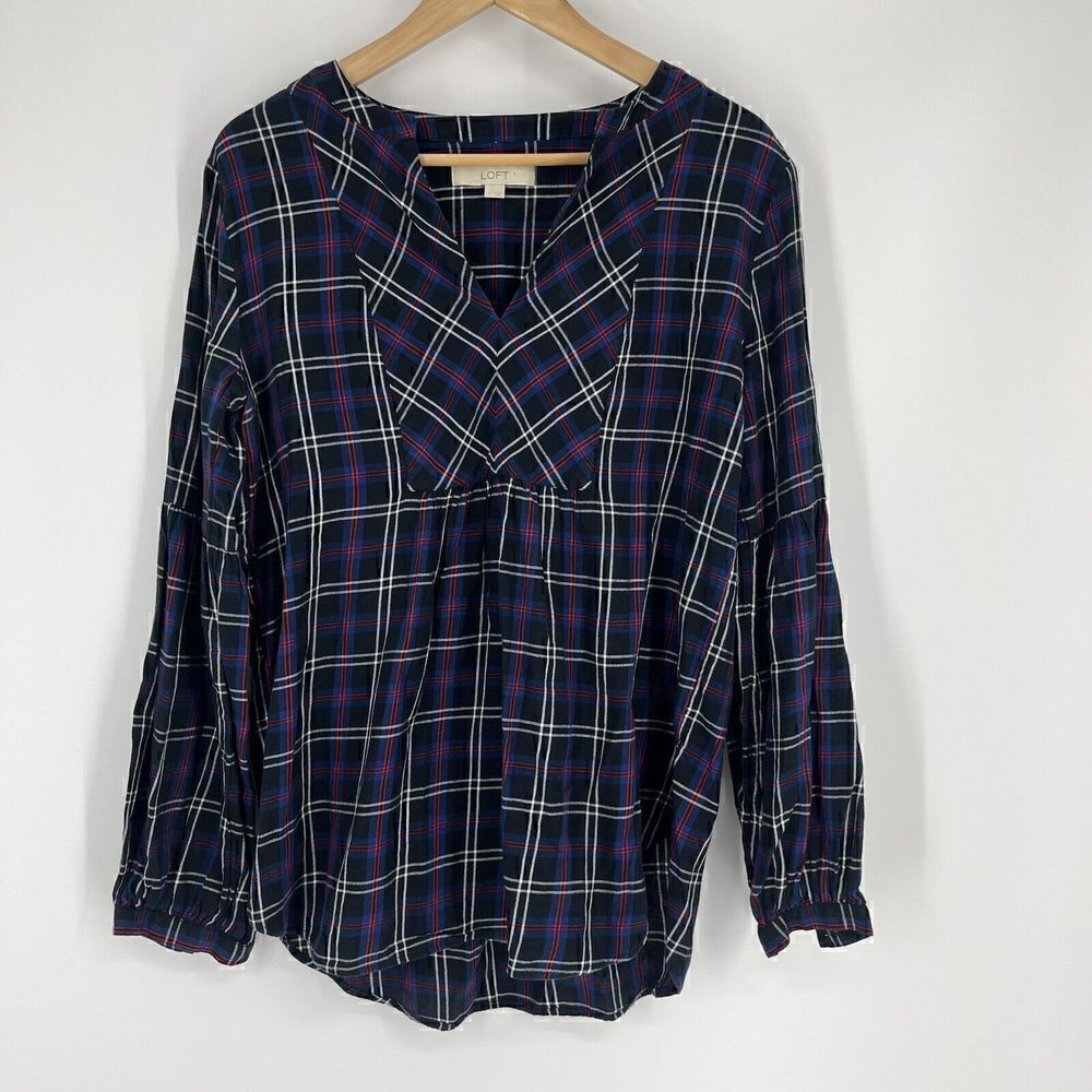 Loft Tunic Top Size Medium Blue Black Red Plaid Puff Sleeve Flannel Shirt V Neck